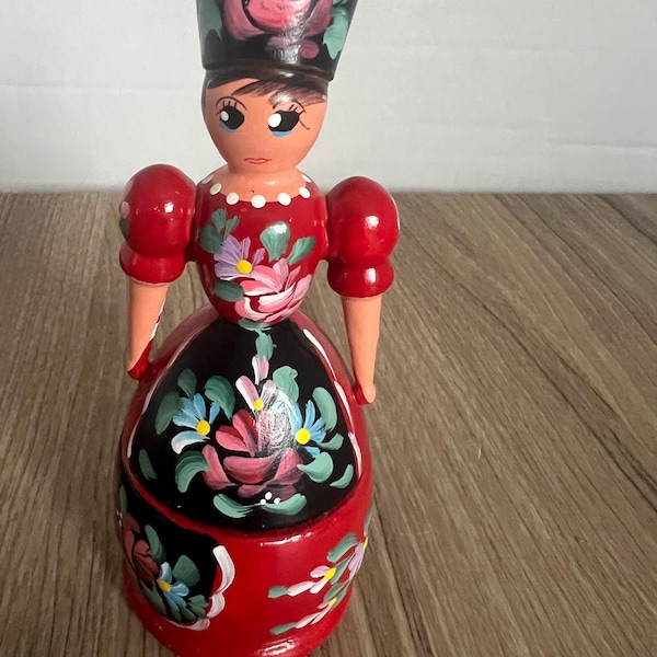 Hungarian hand-painted decorative wooden lady doll trinket jewelry box folkart hand painted 2 piece