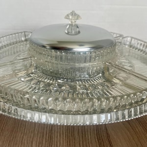 Vintage Mid-Century setving set Kromex Lazy Susan relish tray pressed glass sections and a chrome rotating base