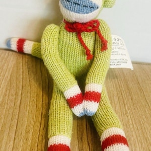 Monkeez sock monkey doll by Midwest-CBK.  Plush Made From Yarn. Lime Green