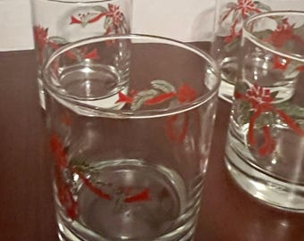 Vintage Anchor Hocking Poinsettia & Ribbons Holiday Rocks Glasses Set of 4