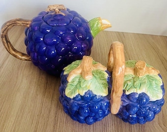 Vintage Fitz and Floyd Ceramic Grape Arbor Cluster Tea Pot Sugar Creamer Set