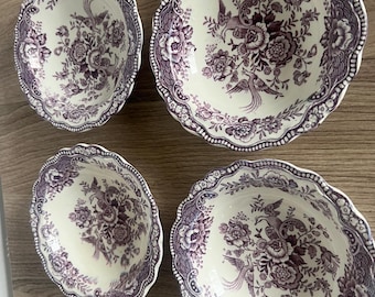 Set of 4 Crown Ducal Bristol Mulberry Bowls – Purple Transferware Floral Bird Design