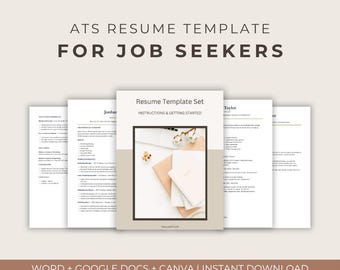 May include: An ATS resume template set for job seekers featuring multiple document pages with black text on white backgrounds. The central document is titled Resume Template Set Instructions & Getting Started with a photo of office supplies.