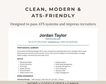 May include: A resume template featuring the text CLEAN, MODERN & ATS-FRIENDLY and Designed to pass ATS systems and impress recruiters. The document includes sections for Professional Summary, Skills, and Work Experience for Jordan Taylor.