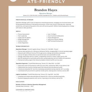 May include: A professional resume template titled Clean, Modern & ATS-Friendly for Brandon Hayes, an Operations Manager. The document includes sections for professional summary, skills, work experience, education, and certifications, accompanied by a gold pen.