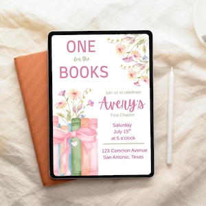 One for the Books! First Chapter Birthday Invitation, editable template, 1st birthday party pink Book Invite, floral book theme