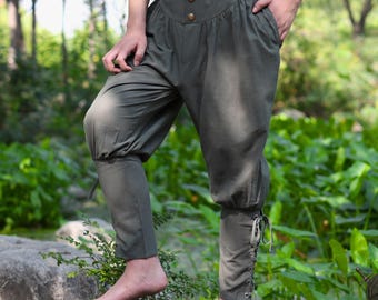 Green Cotton Linen Renaissance Pants: Lace-Up Viking Pirate Cosplay