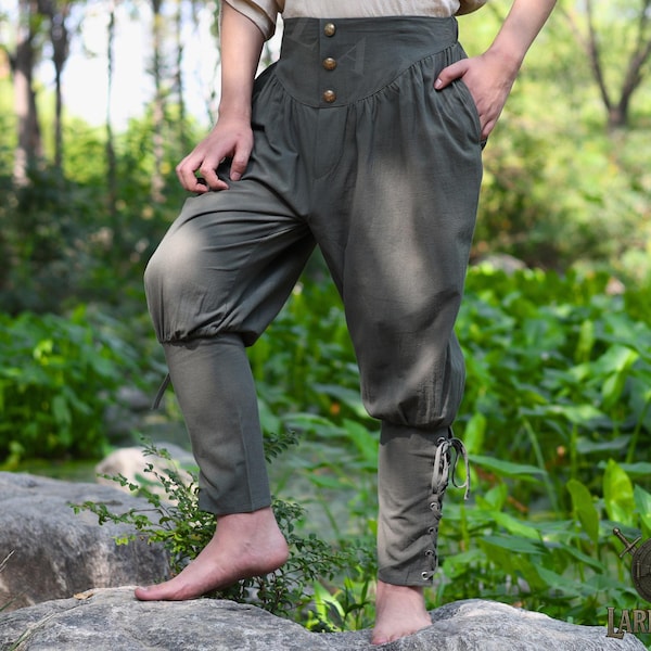 Green Cotton Linen Renaissance Pants: Lace-Up Viking Pirate Cosplay