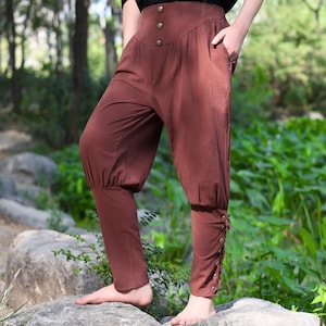 Brown Renaissance LARP Medieval Pants – Cotton Linen Pirate Pants with High Waist, Lace-Up Leg, Button Front, Viking Cosplay Trousers