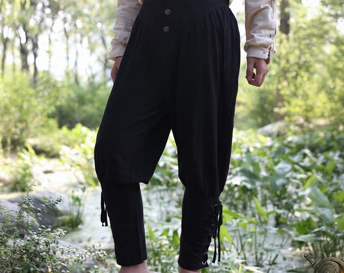 Black Renaissance LARP Medieval Pants - Cotton Linen Pirate Pants with High Waist, Lace-Up Leg, Button Front, Viking Cosplay Trousers