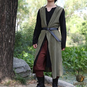 Green Hooded Cotton Linen Robe: Renaissance Medieval LARP Cosplay Vest