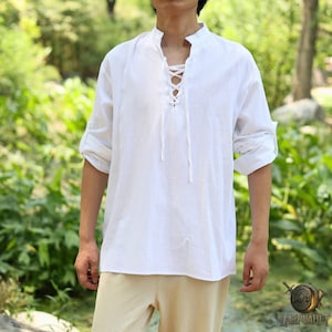 LARP Medieval Tunic Shirt – White Cotton Linen Renaissance Top for Men, Viking Pirate Cosplay Shirt with Lace-Up Front, Viking Tunic