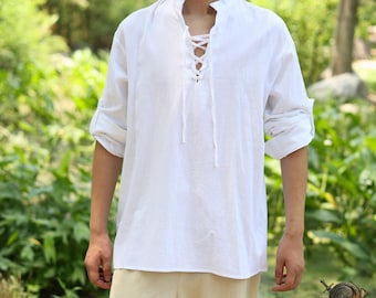 LARP Medieval Tunic Shirt – White Cotton Linen Renaissance Top for Men, Viking Pirate Cosplay Shirt with Lace-Up Front, Viking Tunic