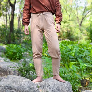 Beige Linen Cotton Medieval LARP Pants – Viking Renaissance Costume Trousers with Lace-Up Detail, Cosplay Fantasy Pants for Men
