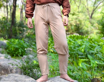 Beige Linen-Cotton Medieval Pants: Viking Renaissance Costume, Lace-Up Detail