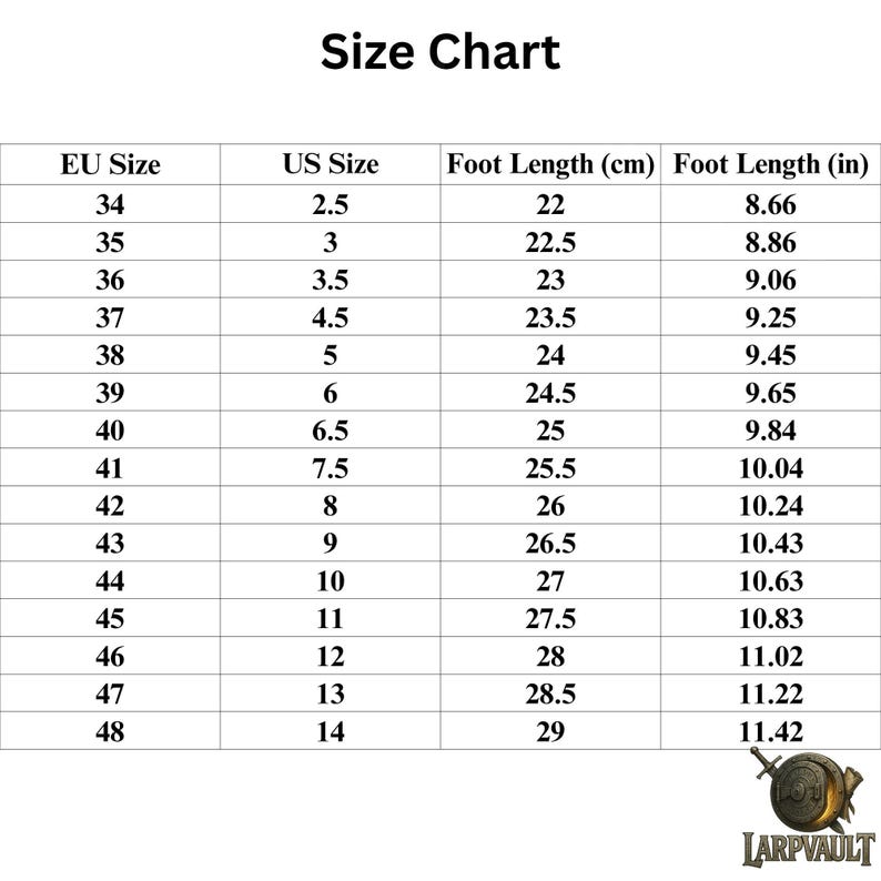 May include: A shoe size chart with EU, US, and foot length measurements in centimeters and inches. The chart includes sizes from EU 34 (US 2.5, 8.66 inches) to EU 48 (US 14, 11.42 inches). The text "Size Chart" is at the top.