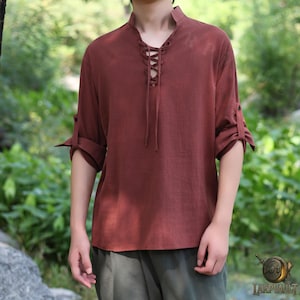 LARP Medieval Tunic Shirt – Brown Cotton Linen Renaissance Top for Men, Viking Pirate Cosplay Shirt with Lace-Up Front, Viking Tunic