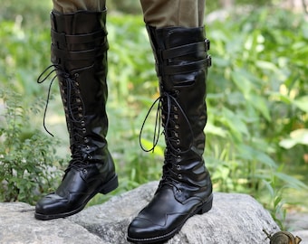 Medieval Black Leather LARP Boots – Tall Lace-Up Warrior Boots, Renaissance Fair Riding Boots, Cosplay Knight Footwear, Unisex Costume Boots