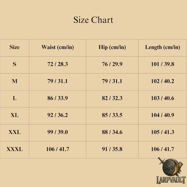 May include: A size chart for clothing, with measurements in both centimeters and inches. The chart includes sizes S, M, L, XL, XXL, and XXXL, detailing waist, hip, and length measurements. The LARPVAULT logo is in the bottom right corner.