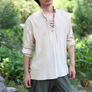 LARP Medieval Tunic Shirt – Beige Cotton Linen Renaissance Top for Men, Viking Pirate Cosplay Shirt with Lace-Up Front, Viking Tunic
