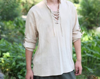 LARP Medieval Tunic Shirt – Beige Renaissance Top for Men, Viking Pirate Cosplay Shirt with Lace-Up Front, Viking Tunic