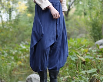 Blue Medieval Harem Pants – Cotton Baggy LARP Trousers, Viking & Fantasy Roleplay Clothing, Unisex