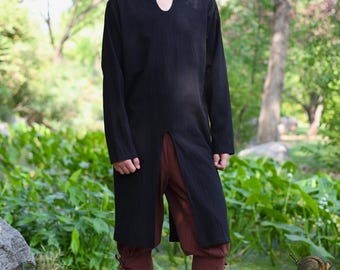 Renaissance Black Cotton-Linen Tunic: Medieval LARP Cosplay Shirt