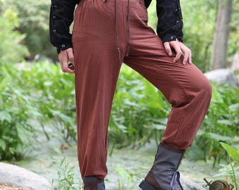 Medieval Brown LARP Pants – Linen-Cotton Renaissance Trousers, Fantasy Faire Clothing, Viking Drawstring Pants for Men & Women
