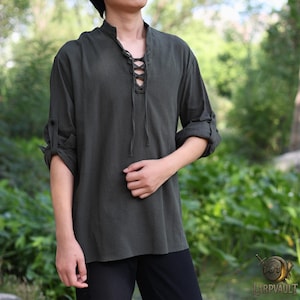 LARP Medieval Tunic Shirt – Green Cotton Linen Renaissance Top for Men, Viking Pirate Cosplay Shirt with Lace-Up Front, Viking Tunic
