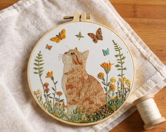 Cat Embroidery Kit | Stamped Embroidery Pattern | Beginner DIY Floral Butterfly Animal Hoop Art Kit | Pre-Printed Wall Decor for Adults