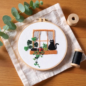 Beginner Cat Embroidery Kit with Hoop | DIY Floral Plant Needlework Craft Set for Adults | Modern Home Decor Art