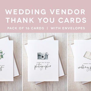 SET OF 16 - Wedding Vendor Thank You Cards - For Wedding Photographer, Wedding Planner Card, Florist, Band, Officiant, Hair, DJ, Caterer