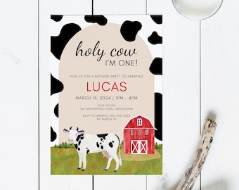 Szablon zaproszenia na urodziny Holy Cow, Jestem Jednością, Pierwsze urodziny, Chick-fil-A, Urodziny na farmie, Pierwsze urodziny, Cyfrowy plik zaproszenia - PHI001