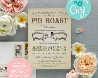Edytowalne zaproszenie ślubne na pieczoną świnię Hog Roast I Do BBQ plus karta RSVP do wydrukowania w wersji cyfrowej PHW010