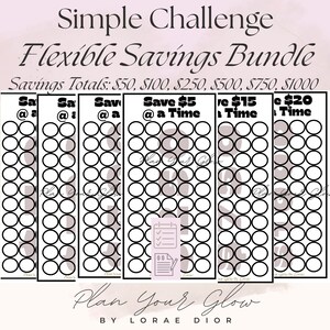 Op de afbeelding: Een verzameling zwart-wit spaaruitdaging trackers met de tekst "Simple Challenge Flexible Savings Bundle". Elke tracker heeft cirkels om de spaarvoortgang te markeren. De spaartotalen variëren van €50 tot €1000. Het ontwerp bevat de tekst "Plan Your Glow".