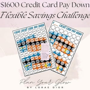 Op de afbeelding: Twee afdrukbare spaaruitdagingstrackers met de tekst "$1600 Credit Card Pay Down Flexible Savings Challenge". Elke tracker heeft cirkels met bedragen van €10 tot €40. Het ontwerp bevat een planner-pictogram en de tekst "Plan Your Glow".