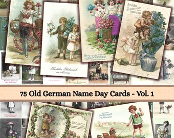 Stare niemieckie kartki imieninowe – tom 1 | 75 drukowanych pamiątek vintage do dzienników, scrapbookingu, kolaży i rękodzieła z pamiątek vintage