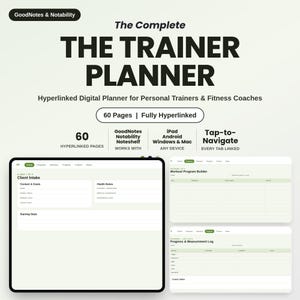 Op de afbeelding: Een digitale planner genaamd The Complete Trainer Planner voor personal trainers en fitnesscoaches. Het bevat 60 hyperlinked pagina's, is compatibel met GoodNotes, Notability, iPad, Android, Windows en Mac, en bevat sjablonen voor cliëntintake, trainingsprogramma's en voortgangslogboeken.