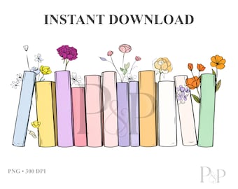 PNG para amantes de los libros, PNG de estantería estética, diseño romántico para lectores, imágenes prediseñadas de pila de libros florales, PNG de lectura acogedora, regalo para amantes de los libros, descarga digital