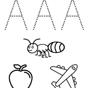 May include: Black and white illustration featuring the letter 'A' in dotted form, an ant, an apple, and an aeroplane. The letter 'A' is repeated three times. The ant is smiling. The apple has a stem and leaf. The aeroplane has wings and a tail.