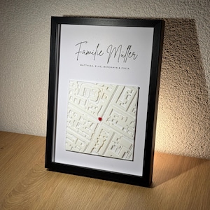 Póster 3D personalizado Familia, Tarjeta y Corazón / Hogar / Dulce Hogar Ciudad natal / Regalo Inauguración Mudanza Aniversario Boda Navidad