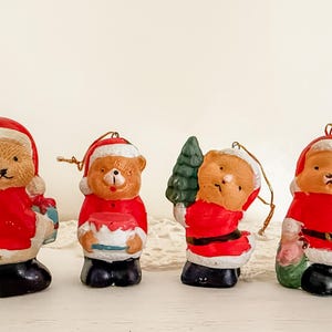 Vintage Santa Bear Ornaments Set of 4 – Hand Painted Porcelain Christmas Decorations in Original Box – Holiday Tree Decor 1990s
