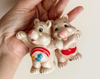 Vintage Care Bears Ornaments – 1980s Ceramic Tenderheart & Wish Bear – Nostalgic Christmas Tree Decor