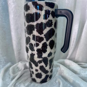 30 oz Handmade glitter cow print tumbler with handle
