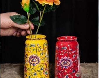 Vaso de cerâmica chinesa vintage vermelho | Porcelana esmaltada com pintura tradicional