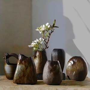 Op de afbeelding: Een verzameling handgemaakte keramische vazen in verschillende vormen en maten. De vazen zijn voornamelijk bruin met unieke texturen en afwerkingen. Eén vaas bevat witte bloemen, wat een contrast vormt met de aardetinten.