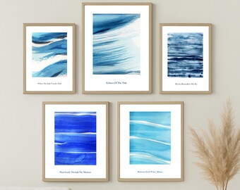 Ocean Watercolour Print Set Coastal Blue Minimalist Decor 5-Piece Sea Bundle