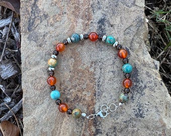 Turquoise Carnelian Smoky Quartz Bracelet, Balance Saturn Energy and Serenity, 'Juggling The Rings'