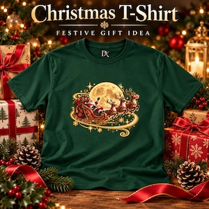 Jultomten Sleigh Barn T-shirt, Ren Måne Jult-shirt, Julklapp för barn bild 1
