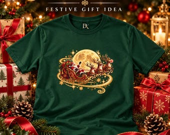 Santa Sleigh Kids T-Shirt, Christmas Reindeer Tee, Kids Holiday Shirt, Christmas Gift for Kids, Santa Moon Graphic Tee, Youth Xmas Shirt
